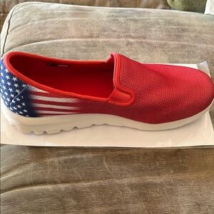 Skechers Red Slip-On Shoes with American Flag Design